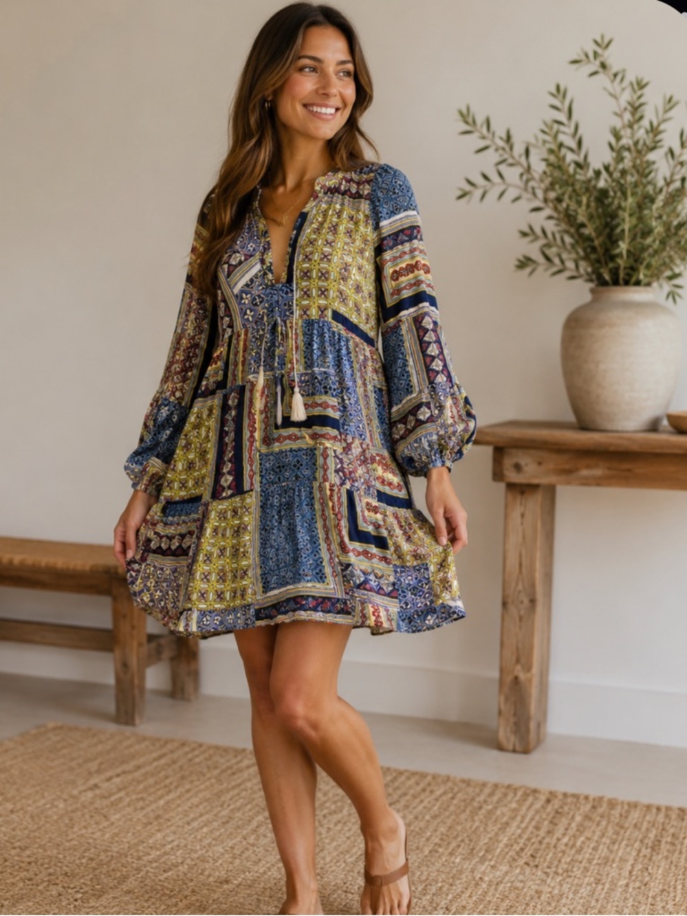 Nwot  boho-style patchwork mini dress Olivaceous print $88 summer party fp